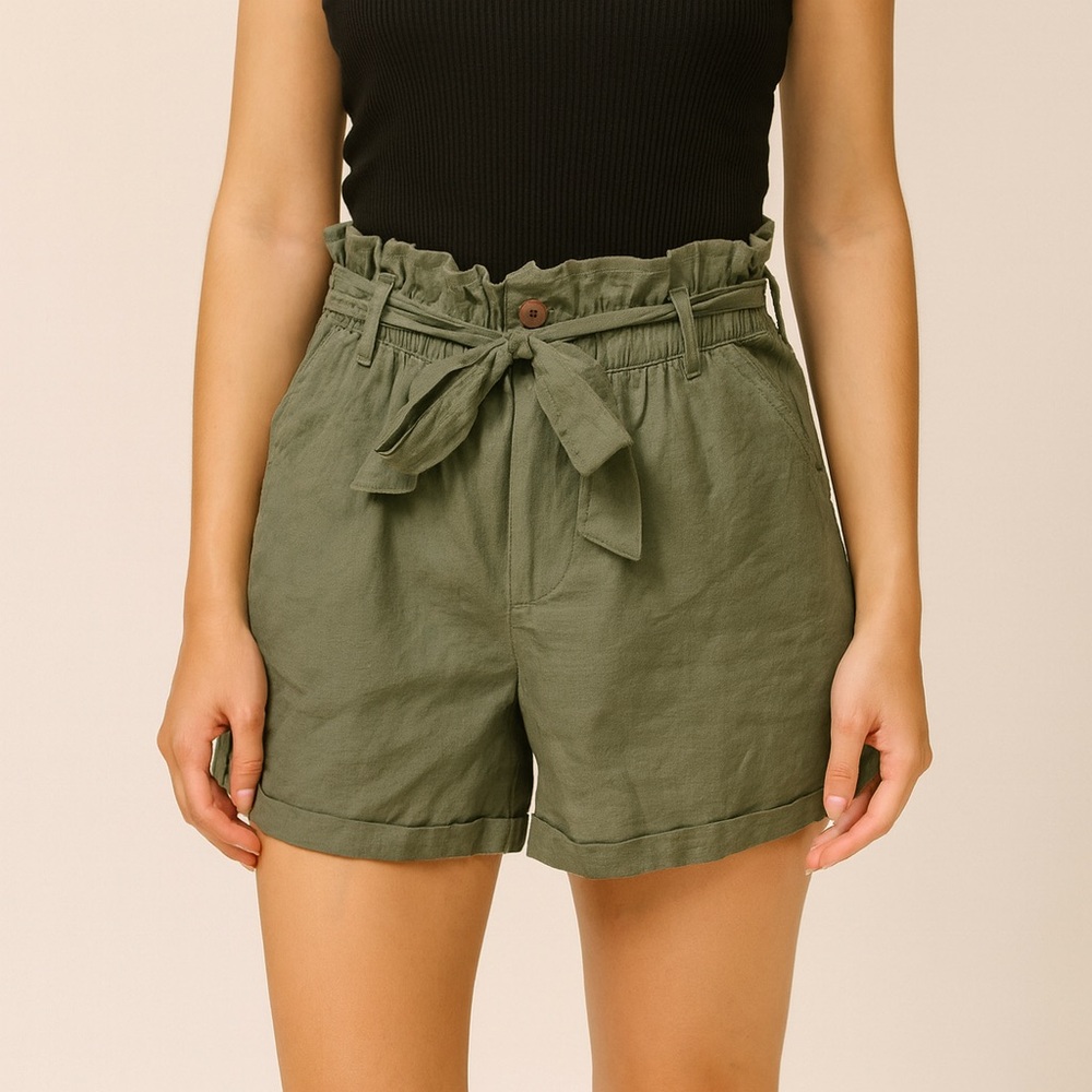 Linen Rachel Roy Paper Bag Olive Green Belted Short ms with Pockets Size L